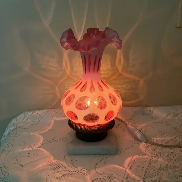 Vintage Fenton Opalescent Coin Dot Cranberry Boudoir Glass Lamp Light PAIR Marbl - Picture 4 of 16